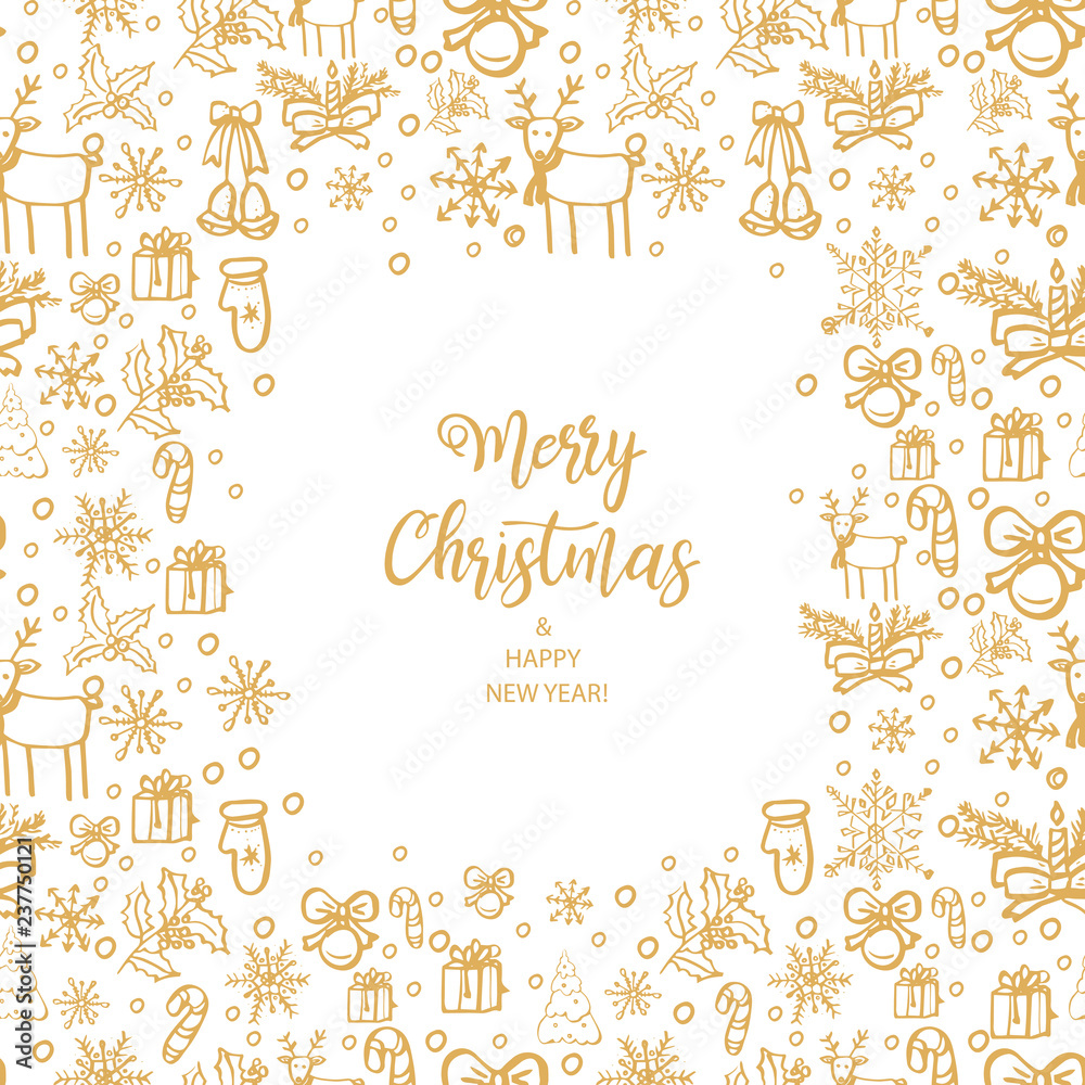 Obraz premium Merry Christmas and Happy New Year. Hand Drawn. Vector illustration.