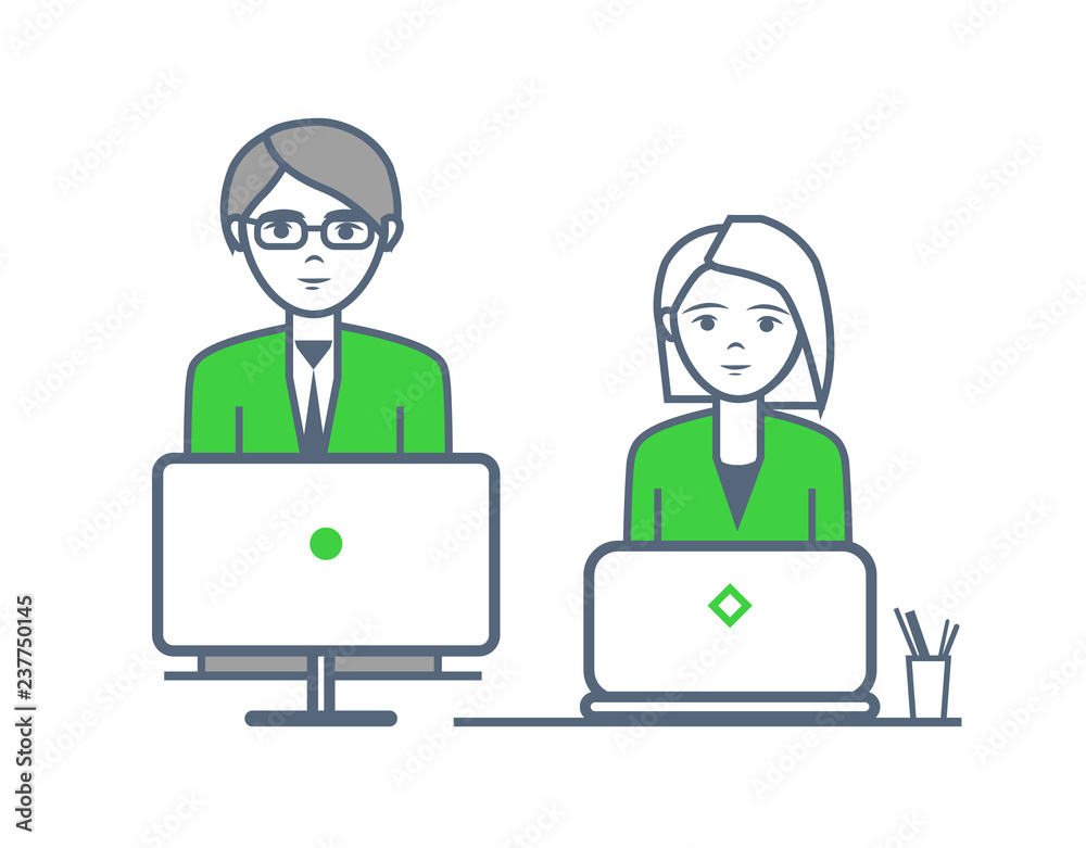 Male and Female People Working by Laptops Vector