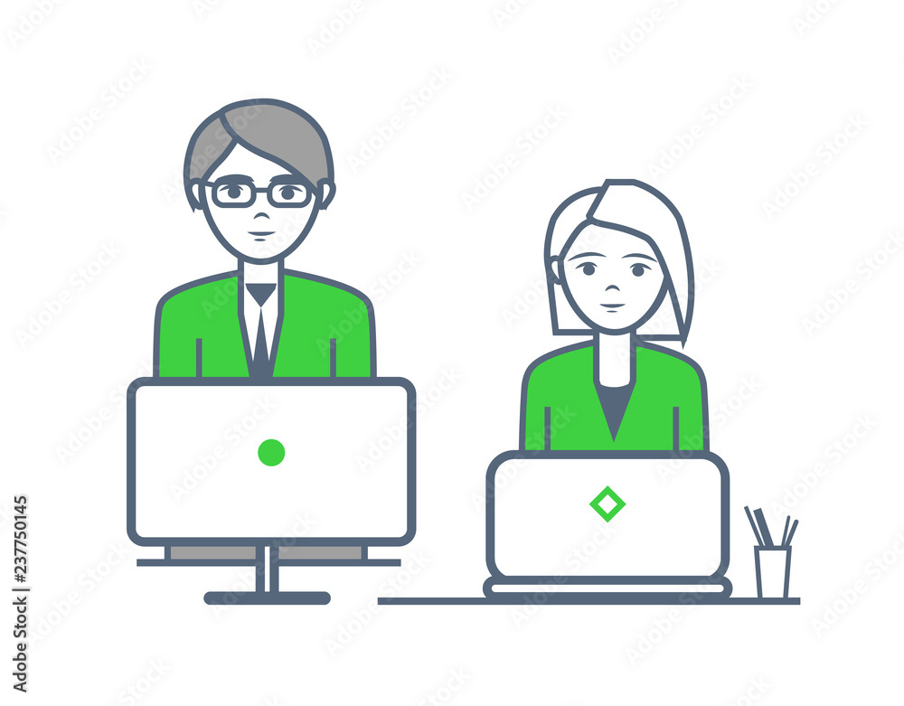 Male and Female People Working by Laptops Vector Male and Female People Working by Laptops Vector