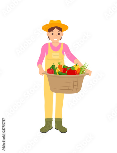 Woman Holding Veggies Basket Vector Illustration