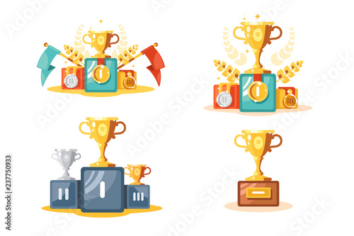 Pedestal with gold cup and medals set