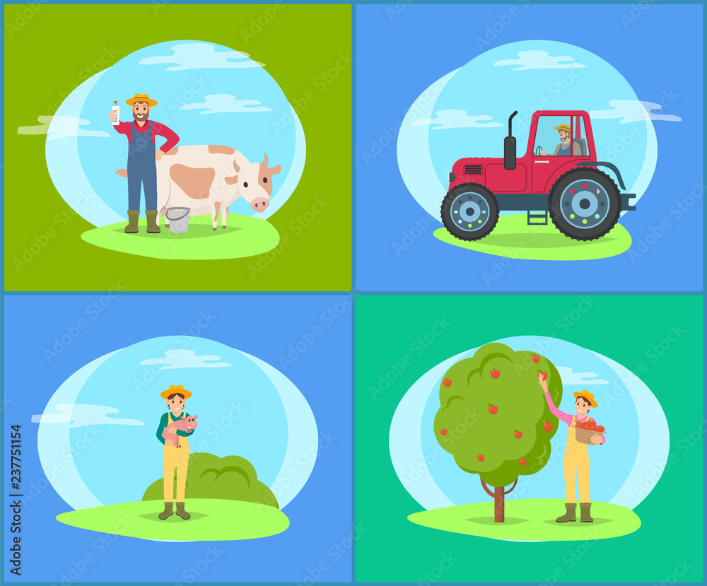 Farmer with Cow and Piglet vector Illustration Farmer with Cow and Piglet vector Illustration