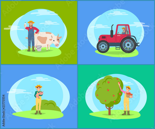 Farmer with Cow and Piglet vector Illustration