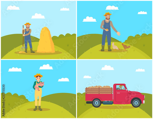 Farmer Feeding Chickens Set Vector Illustration