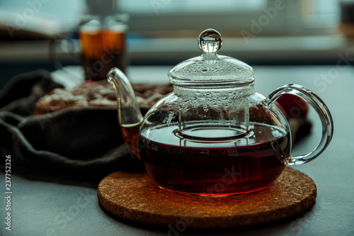 Apple pie on the table and tea