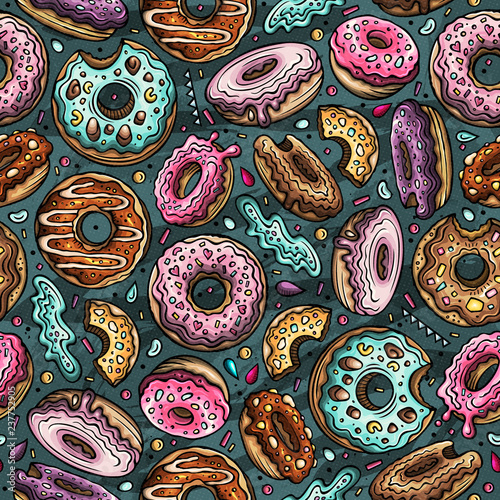 Cartoon hand-drawn donuts seamless pattern. Perfect funny vector background.