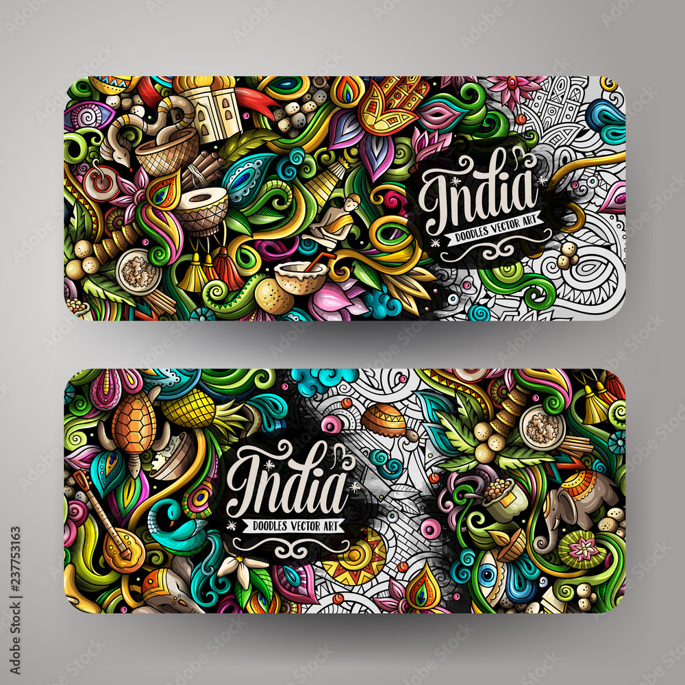 India hand drawn doodle banners set. Cartoon detailed flyers.