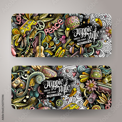Hippie hand drawn doodle banners set. Cartoon detailed flyers.