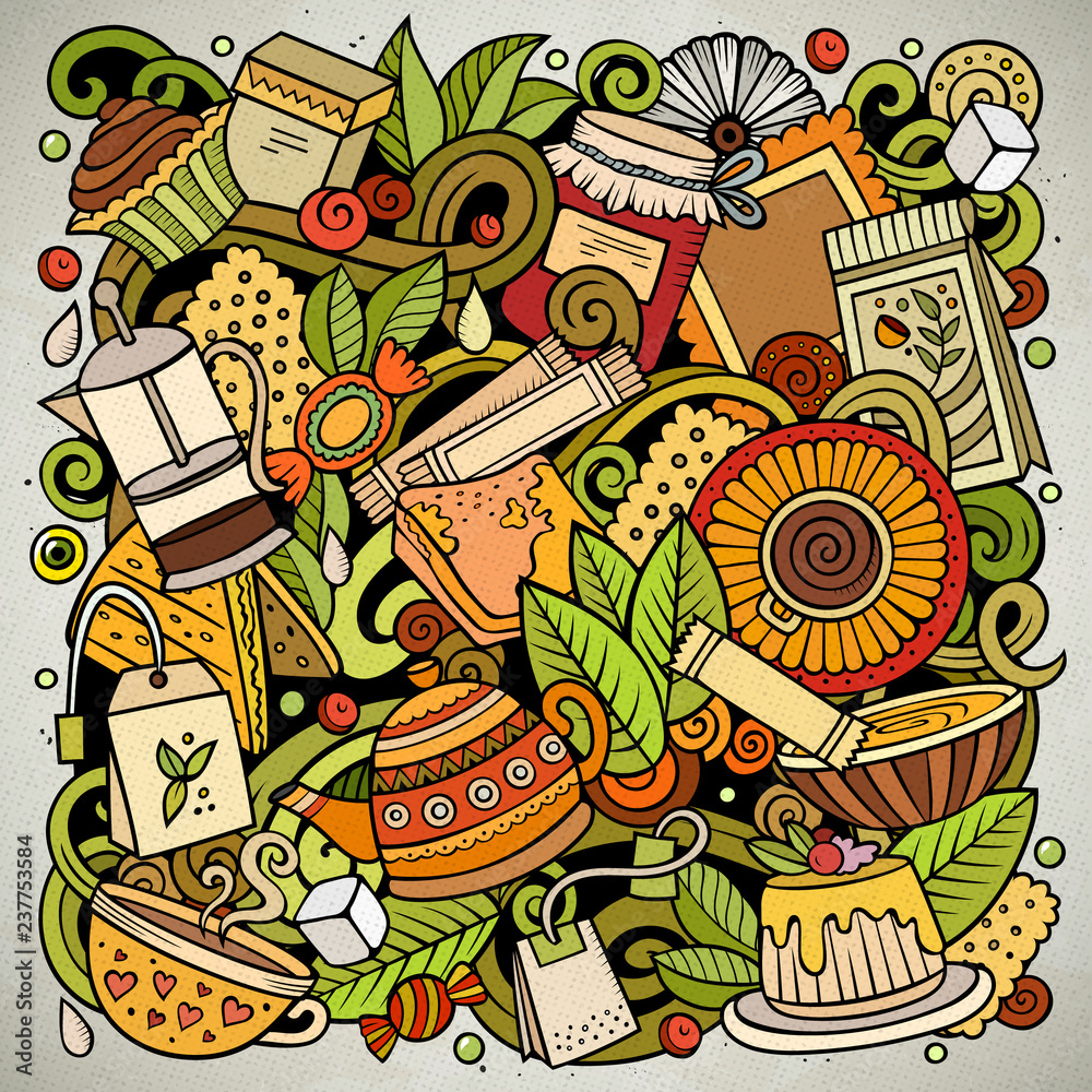 Cartoon vector doodles Tea illustration. Cafe funny picture Cartoon vector doodles Tea illustration. Cafe funny picture