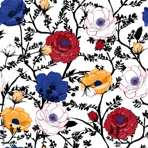 Blooming Floral pattern in the many kind of flowers. Botanical  Motifs scattered random. Seamless vector texture. Elegant template for fashion prints.