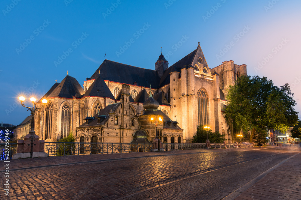 Belgium historic city Ghent at sunset.Saint Michaelschurch