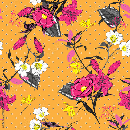 Fresh annd bright and softy blooming pink flowers  seamless pattern vector on pollka dots on summer orange background for fashion fabric photo