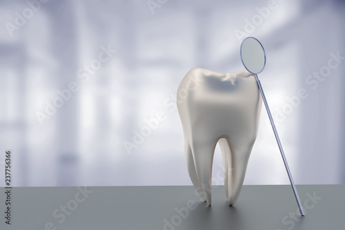 Tooth with dental mirror  3d illustration