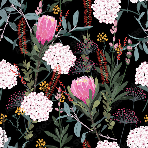 Garden in the night florals pattern in the many kind of flowers. Tropical botanical  Motifs scattered random. Seamless vector texture.fashion prints. Printing with in hand drawn style