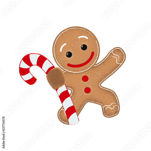 Cheerful gingerbread with candy stick waving hand. Happiness, performance, dancing. Can be used for topics like Christmas, cartoon, food