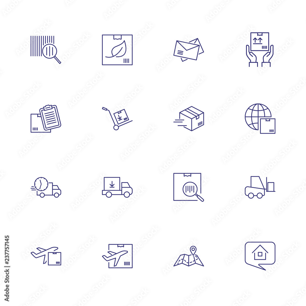 Parcel icons. Set of line icons. Envelope, barcode, express delivery, courier. Delivery concept. Vector illustration can be used for topics like transportation, freight, shipment Parcel icons. Set of line icons. Envelope, barcode, express delivery, courier. Delivery concept. Vector illustration can be used for topics like transportation, freight, shipment