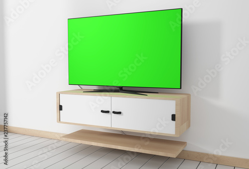 Smart Tv Mockup with blank green screen hanging in modern white empty room interior minimal designs. 3d rendering