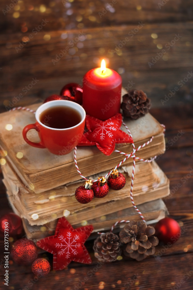 Christmas decor. still life with Christmas toy, cup of coffee and candle. soft focus Christmas decor. still life with Christmas toy, cup of coffee and candle. soft focus