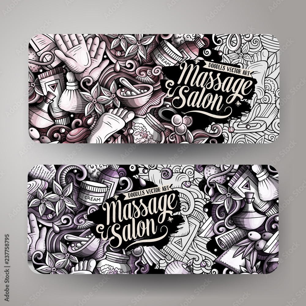 Massage hand drawn doodle banners set. Cartoon detailed flyers.
