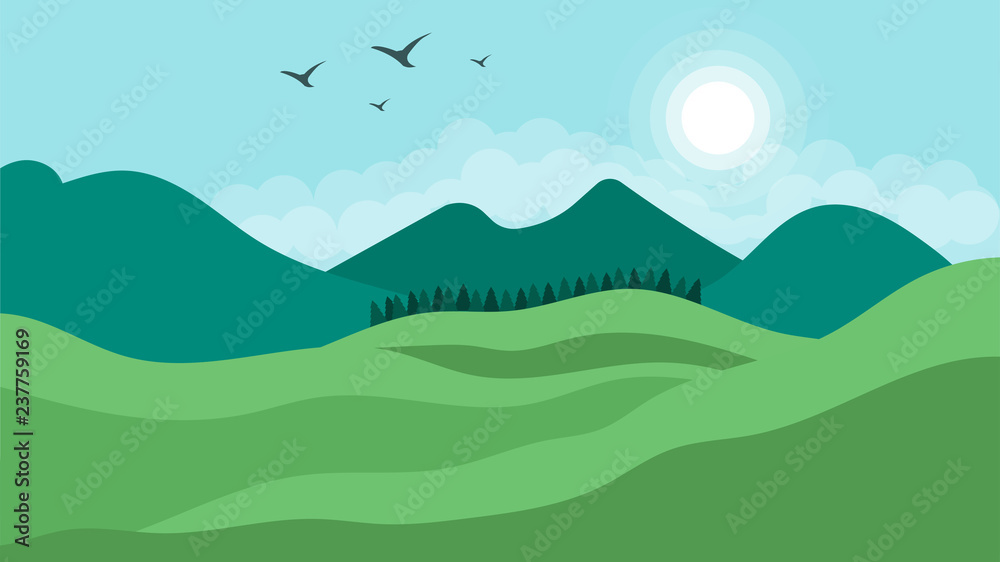 Landscape with hills, mountains, clouds and sun. Scenery vector illustration. Landscape with hills, mountains, clouds and sun. Scenery vector illustration.