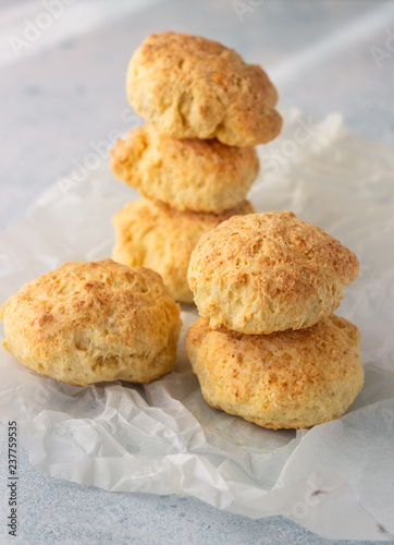 Traditional English butter milk scones on a light background.