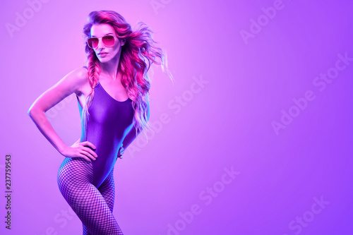 High Fashion neon light. Sexy Girl, Hairstyle