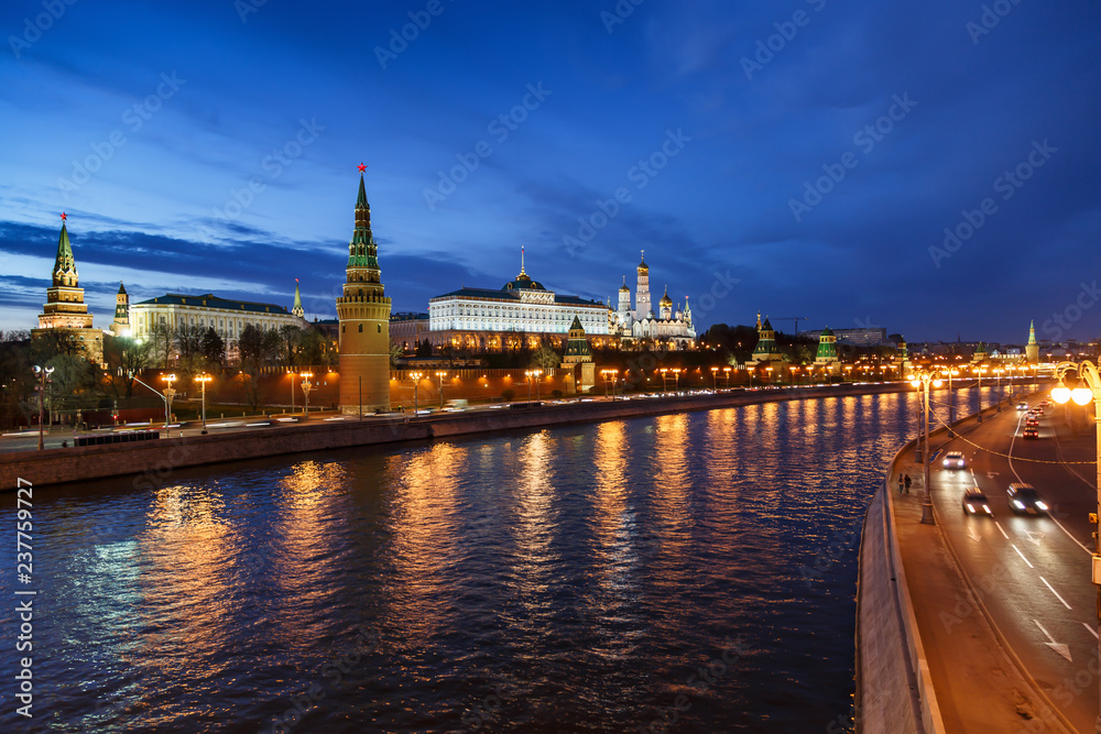 Iconic view of Moscow Kremlin over Moskva river in blue hours. Moscow, Russia.