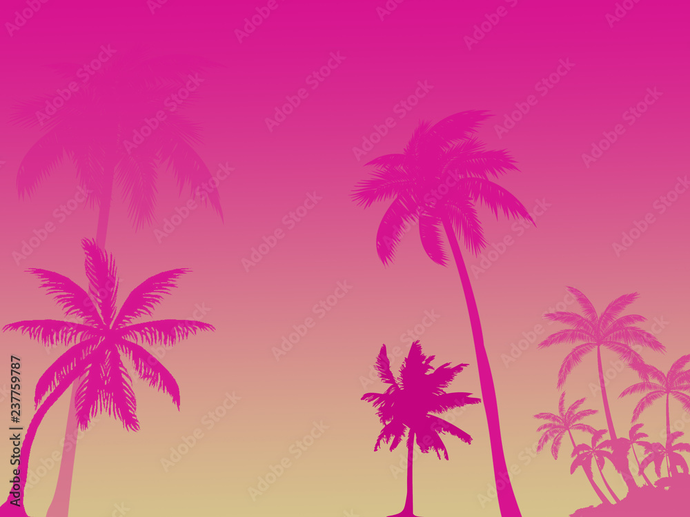 pink silhouettes of palm trees on pink red background, several palm trees, place for inscription
