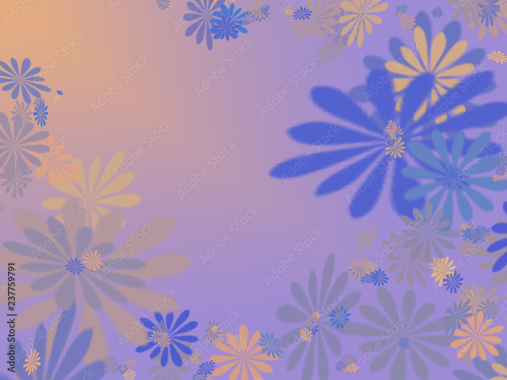 floral print, blue, gray, yellow flowers on lilac background, illustration floral print, blue, gray, yellow flowers on lilac background, illustration