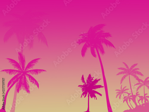 pink silhouettes of palm trees on pink red background, several palm trees, place for inscription © Elena