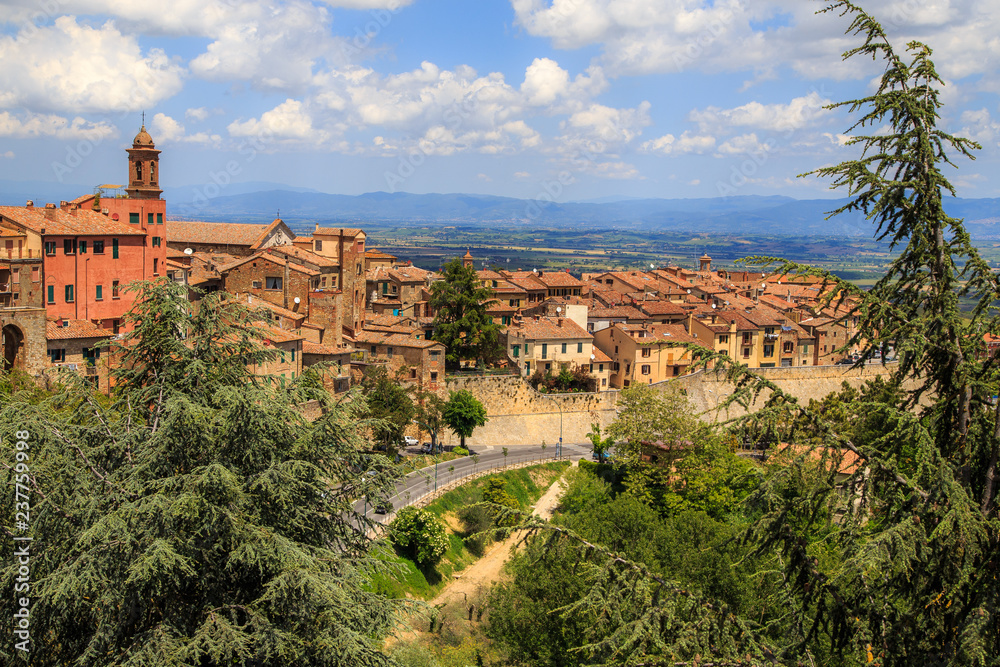 Panoramic aerial view of the medieval town of Montepulciano in a sunny summer day, Tuscany, Italy. Holidays in Italy.