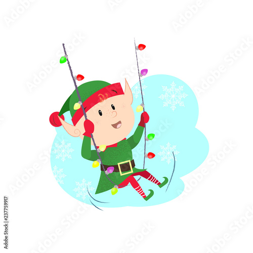 Christmas elf swinging on garland. Character, entertainment, decoration. Can be used for topics like holiday, celebration, winter