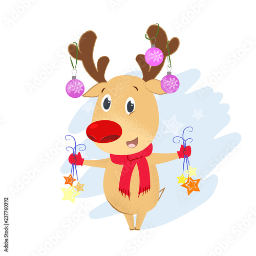 Plakaty dla dzieci  happy-reindeer-holding-christmas-decoration-bauble-animal-mascot-can-be-used-for-topics-like-new-year-holiday-winter