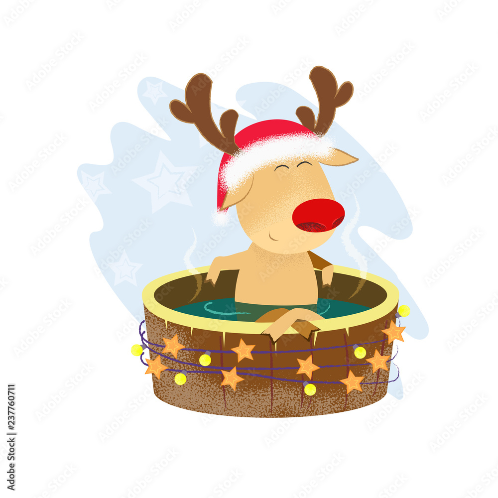 Vecteur Stock Reindeer relaxing in barrel bath. Spa, procedure, hot tub. Can  be used for topics like hygiene, Christmas, winter holiday | Adobe Stock
