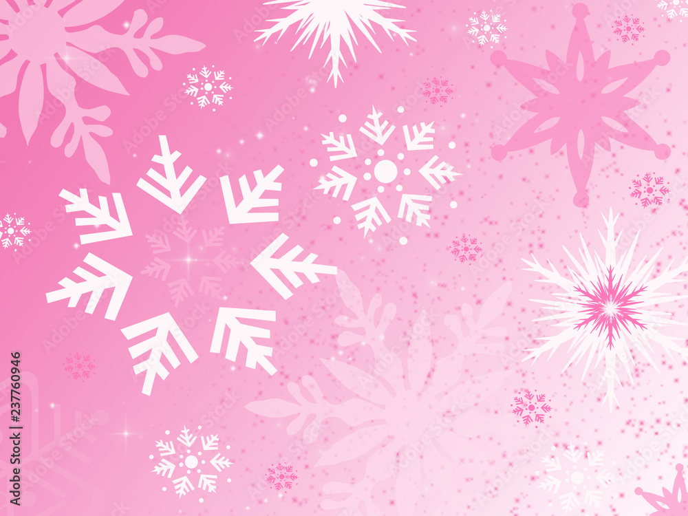 white and pink snowflakes on pink background, illustration