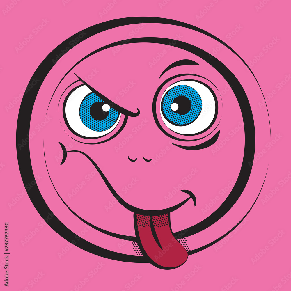 Cartoon pink face with emotions cunning caustic tongue