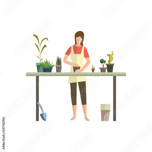 Young woman busy with houseplants flat icon. Flower shop, floriculture, greenhouse. Leisure concept. Vector illustration can be used for topics like hobby, houseplants, gardening