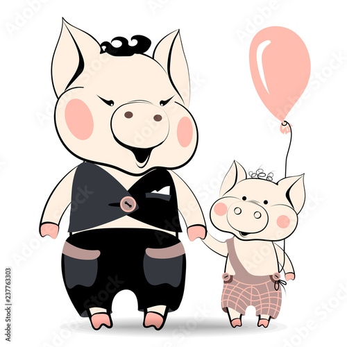 Fotografie Cartoon family of pigs, symbols of the New Year of 2019, according to the Chinese horoscope, daddy pig and son piglet are happy to go near holding their hand