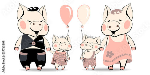 Fotografija Cartoon family of pigs, symbols of the New Year of 2019, according to the Chinese horoscope, daddy pig and son piglet are happy to go near holding their hand