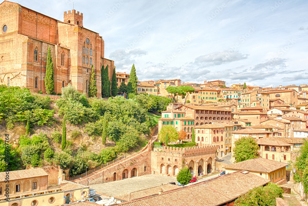 View over the old city of Siena and the San Domenica cathedral. 