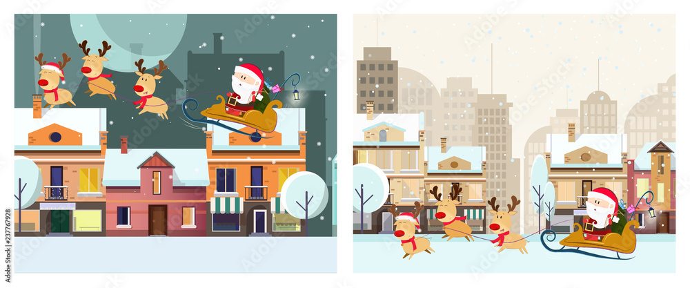 Winter town illustration design. Two illustrations of Santa Claus riding in sleigh with deer on background with winter landscape. Can be used for postcards, invitations, greeting cards
