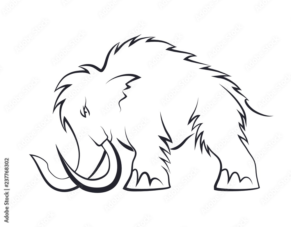Black silhouettes of mammoths on a white background. Prehistoric animals of the ice age in various poses. Elements of nature and evolutionary development. Vector illustration.