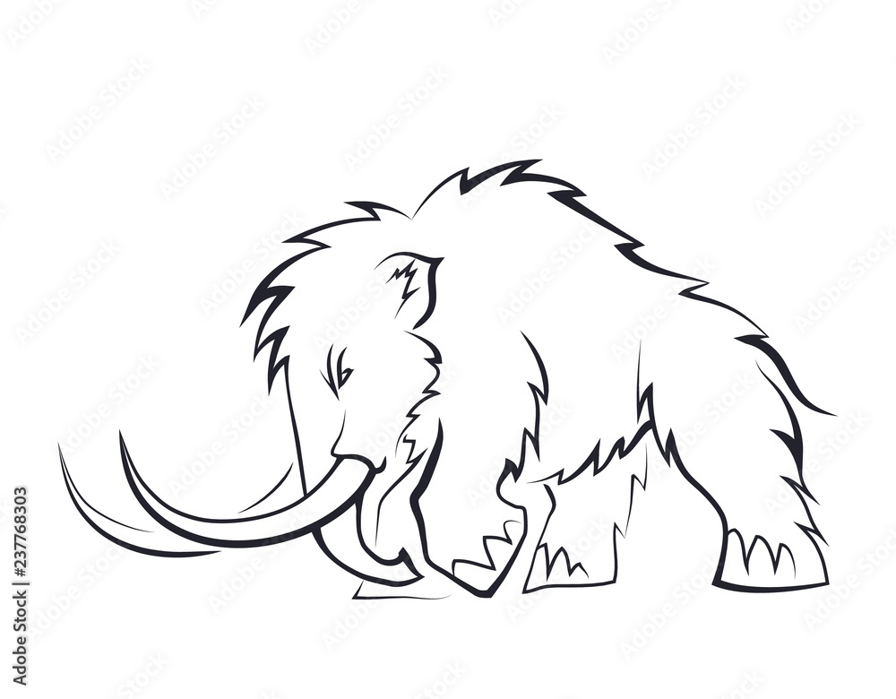 Naklejka premium Black silhouettes of mammoths on a white background. Prehistoric animals of the ice age in various poses. Elements of nature and evolutionary development. Vector illustration.