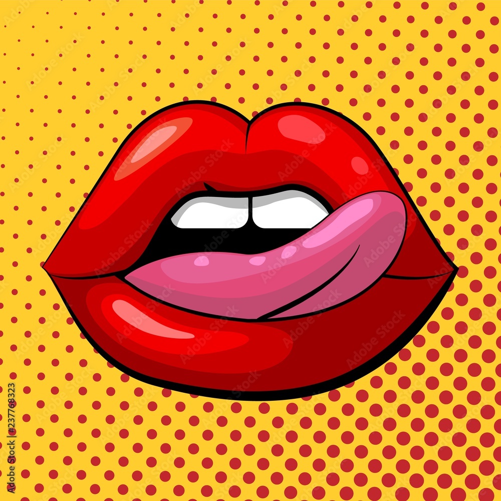 Red female lips with tongue on a yellow background in pop art style. Vector  stock illustration. Emotion of passion, sex and seduction. Stock Vector |  Adobe Stock