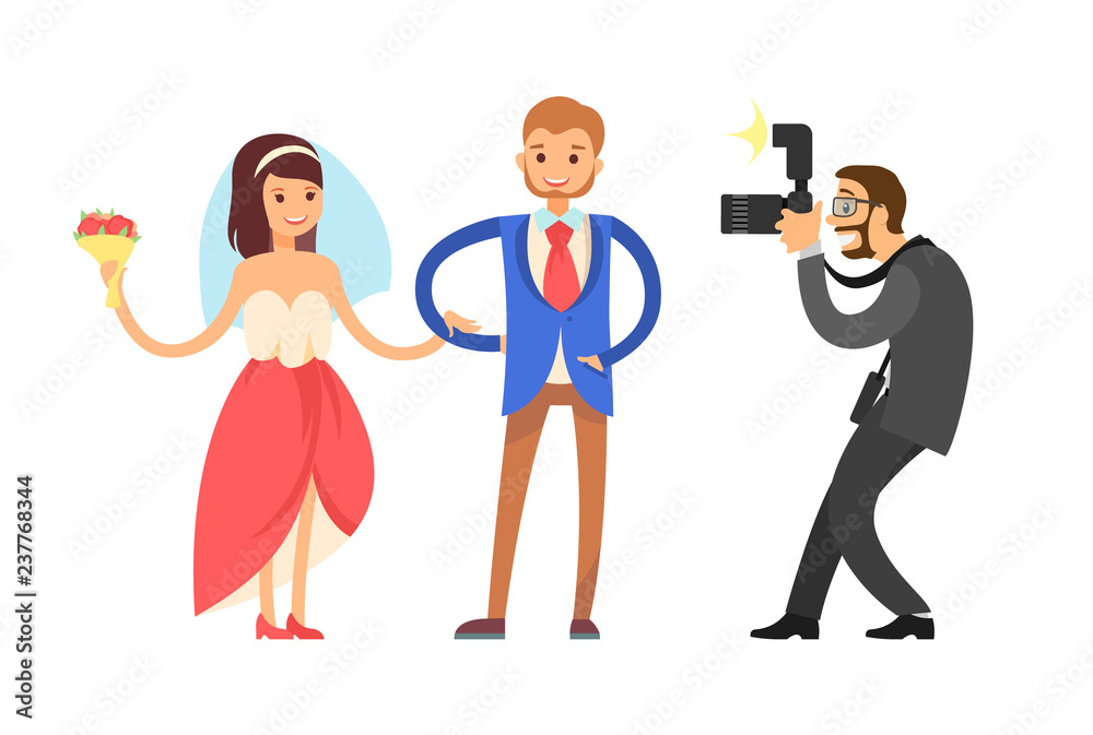Bride with Bouquet of Flowers, Groom, Photographer Bride with Bouquet of Flowers, Groom, Photographer