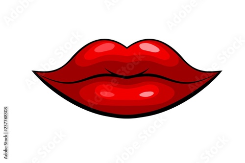 Red female lips on a white background. Emotions of joy lips. Smile graphic drawing. Vector illustration