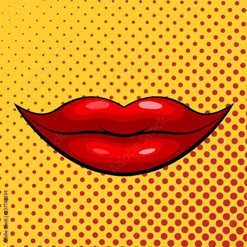 Red female lips on a yellow background in pop art style. Vector stock illustration. Emotion of joy, laughter, good mood