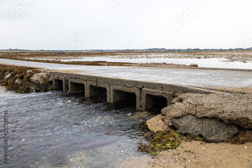 Carantec  France. The submersible passage to Ile Callot  a tidal island only accesible al low tide in the coast of Brittany  Bretagne 