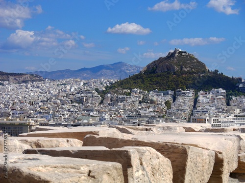 Panoramic View of Athens from the Top of Acropolis Through Marble Bricks, Greece	