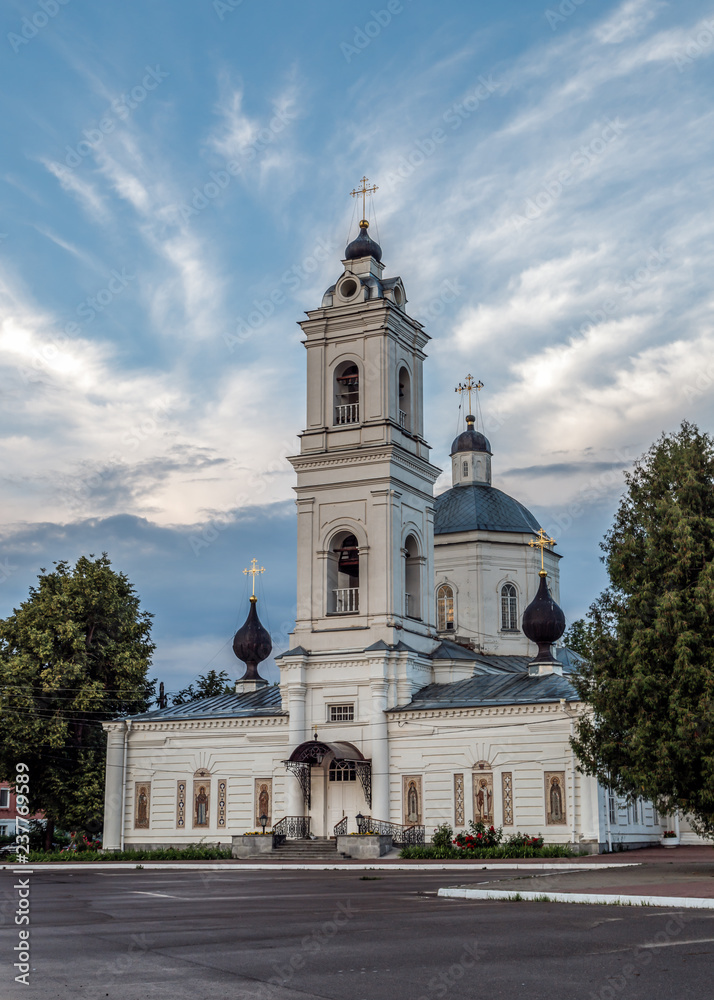 Tarusa, Kaluga region, Russia. Cathedral of St. Peter and Paul on the main square of the city. Holidays in Russia.